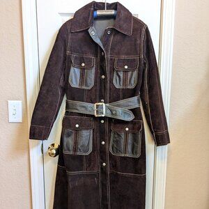 Vintage 1970s Full Grain Leather Coat Reversible Rough Out Belted Coat 70s Brown